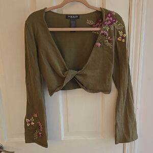 Bisou Bisou Olive Floral Embroidered Crop Top